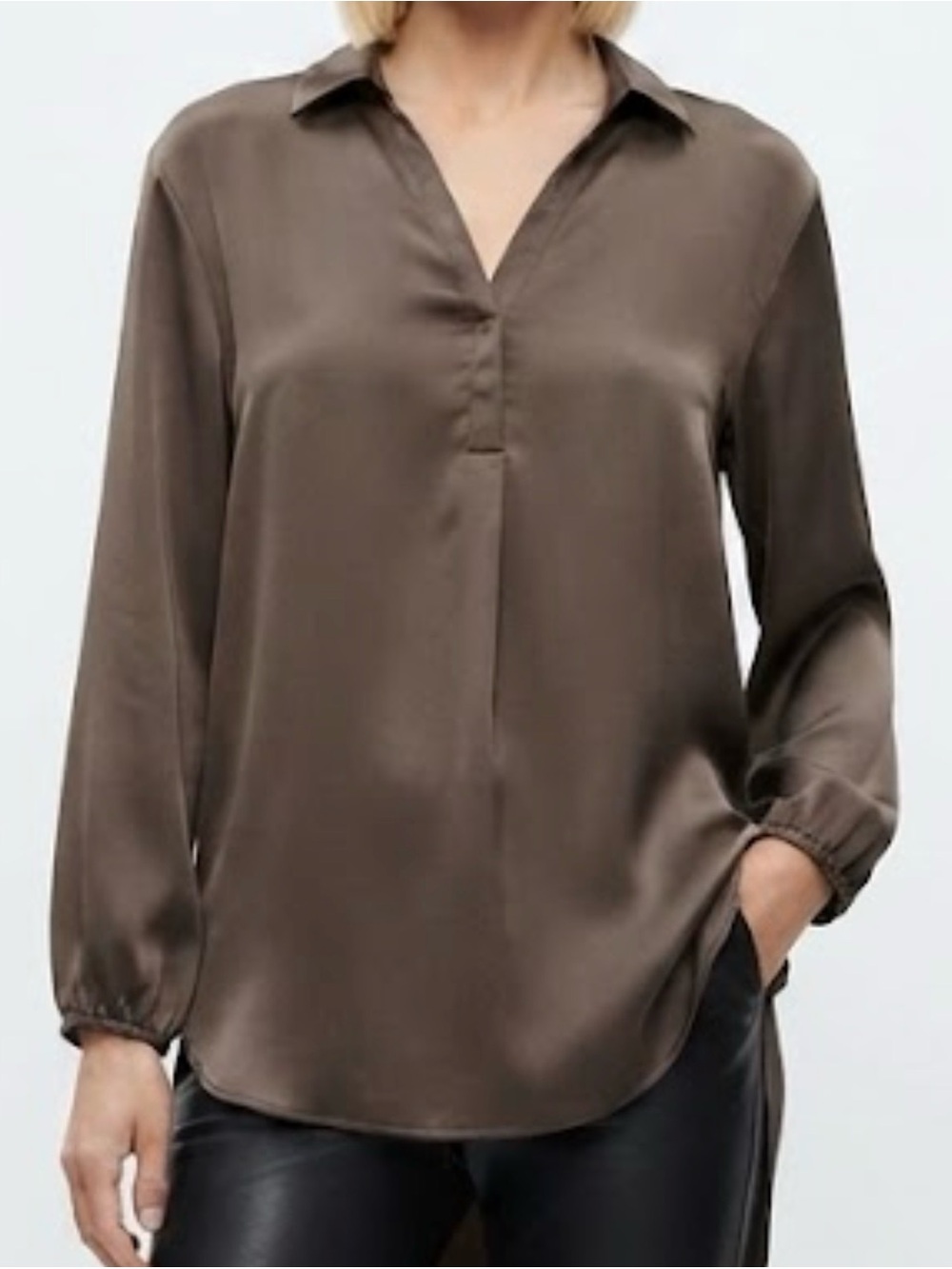 Satin Long-Sleeve V-Neck Tunic Blouse - Brown